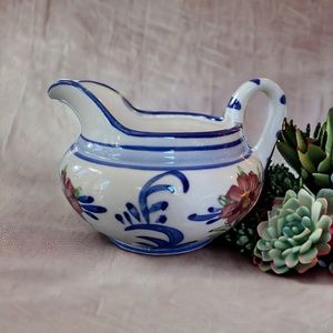 VTG Blue Ceramic CREAMER Mini PITCHER Hand Painted Floral PORTUGAL